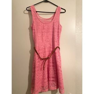 Pink Lace Dress W/ Brown Braided Adjustable Belt
